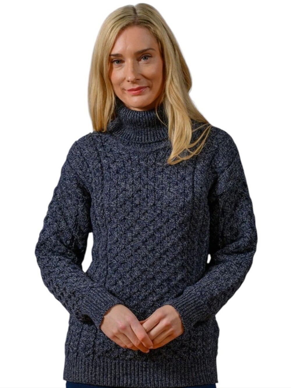 Aran Sweater Market Honeycomb Turtleneck Aran Wool Knit Sweater Blue Women's L